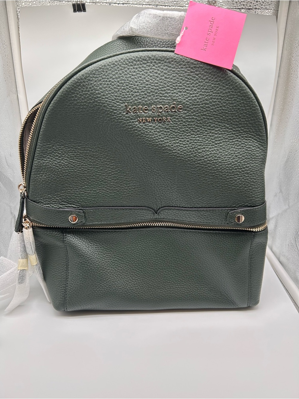 NWT Kate Spade Dark Green Pebbled Leather Backpack with Gold Hardware